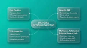 Infographie moderne présentant les meilleures stratégies outbound marketing pour générer des leads B2B.
