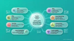 Les meilleures stratégies pour gagner de largent en ligne avec laffiliation Mind map moderne présentant les meilleures stratégies affiliate marketing pour générer des revenus passifs.