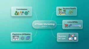 Quest-ce que lAffiliate Marketing Infographie moderne expliquant le fonctionnement du affiliate marketing avec commissions, plateformes d’affiliation et revenus passifs.