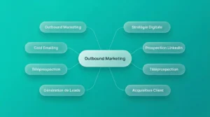 Infographie moderne expliquant les fondamentaux de l’outbound marketing et les principaux canaux de prospection digitale.