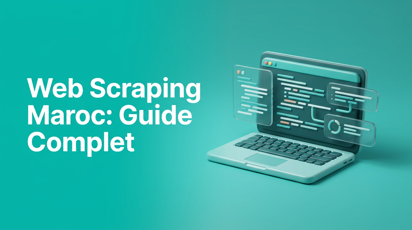 Web Scraping au Maroc : Guide Complet - Web Scraping au Maroc : Guide Complet Image d'en-tête montrant un ordinateur portable affichant du code et des données extraites, symbolisant le web scraping au Maroc, sur un fond dégradé moderne.