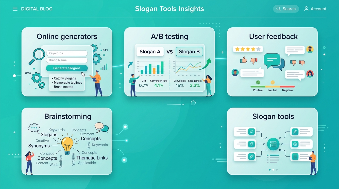 Outils gratuits pour la création et le test de slogans Infographie UI/UX présentant des outils gratuits pour créer et tester des slogans, incluant des générateurs en ligne et des méthodes de test A/B, sur un fond dégradé bleu-vert.
