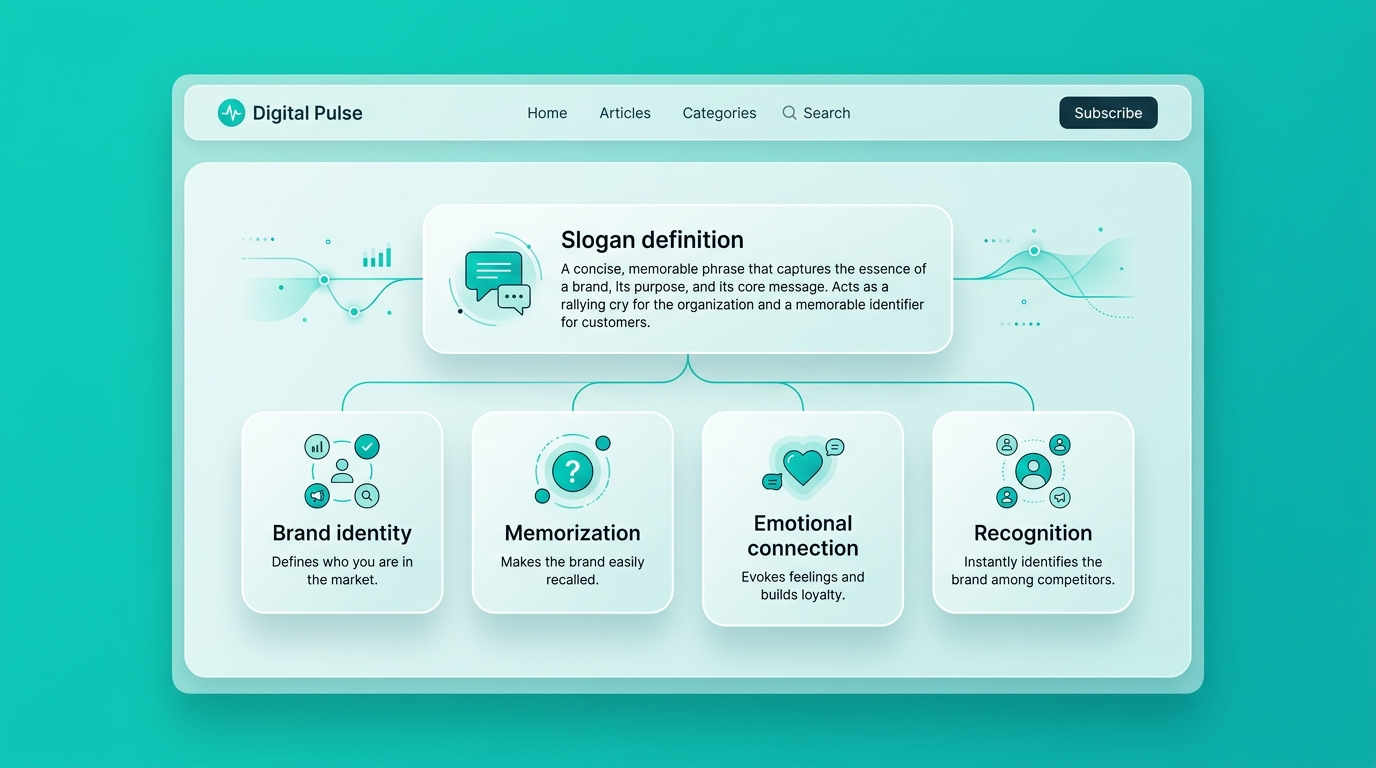 L’importance du slogan pour l’identité de marque Infographie UI/UX représentant la définition du slogan et son rôle essentiel dans l'identité de marque, avec des éléments de texte clés sur un fond dégradé bleu-vert.