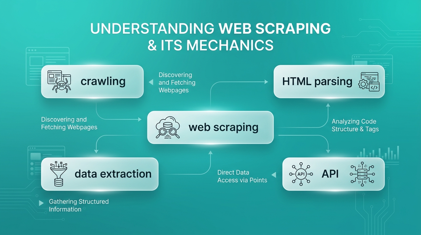 Comprendre le Web Scraping Infographie moderne expliquant les concepts du web scraping, de l'extraction de données et des différences avec le crawling et les API.