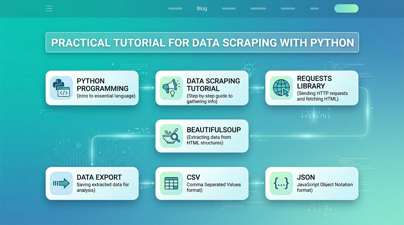 Tutoriel Scraping Python Infographie illustrant un tutoriel pratique de web scraping avec Python, incluant l'installation de bibliothèques et l'exportation des données.